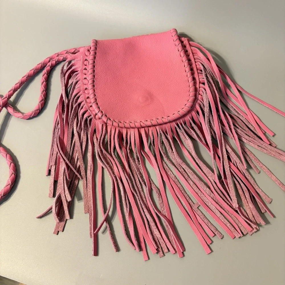 Jennifer Haley Purse Leather Fringe Shoulder Bag Pink Braided Strap Western Chic